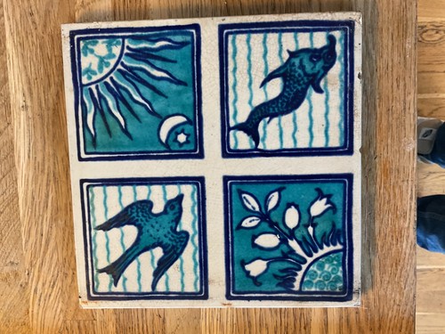 William De Morgen type Tiles Quarter Sun & Moon, Dolphin, Swallow & Flowers - 6”