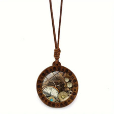Boho Steampunk Mechanical Gear Pattern Wooden Pendant Necklace