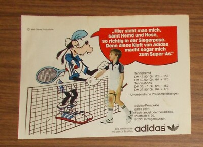 Seltene Werbung ADIDAS Sport Goofy Tennishemd & Tennisshorts 1982