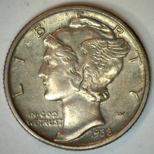 1938 Mercury Silver Dime 10c US Type Coin Uncirculated Philadelphia