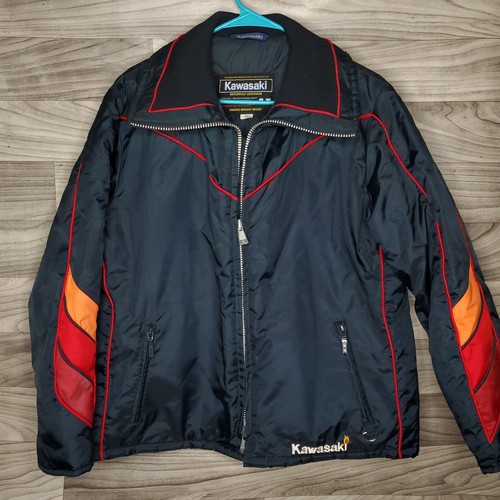 Vintage 80s Kawasaki Jacket Mens Large Navy Insulated Snowmobile Racing Zip