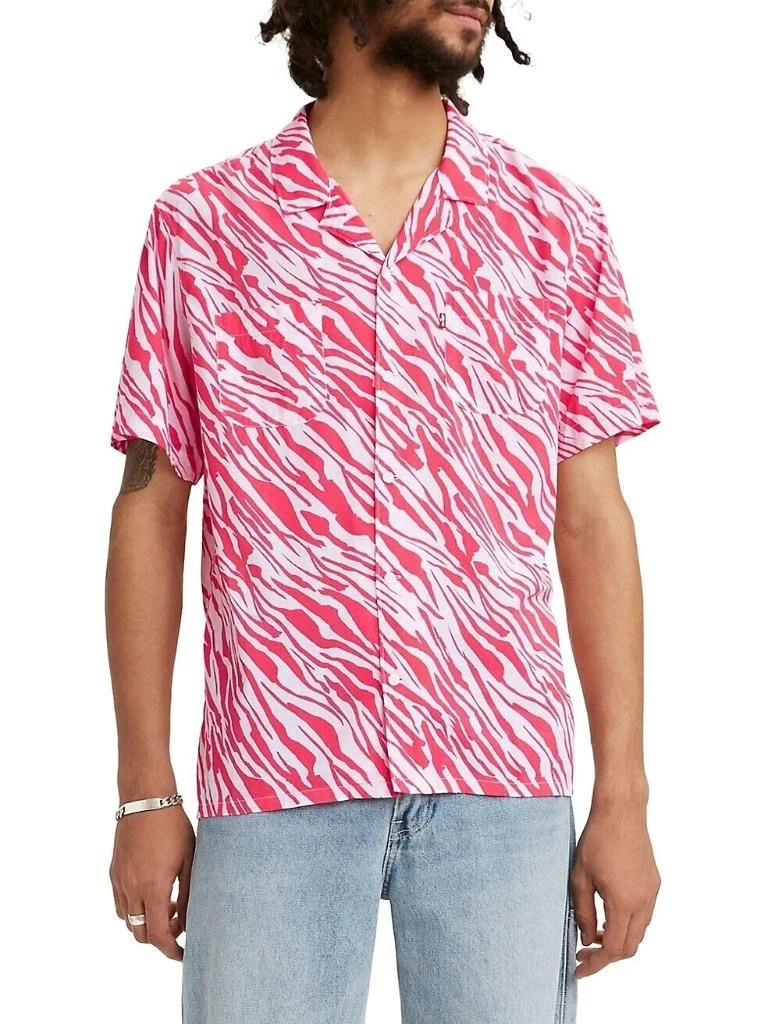 Levis Mens XL Shirt Camp Relaxed Fit Short Sleeve Button Front Animal Print Red