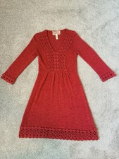 Nick + Mo M ANTHROPOLOGIE Pinkish Red Crochet Sweater Dress Washable Wool Blend