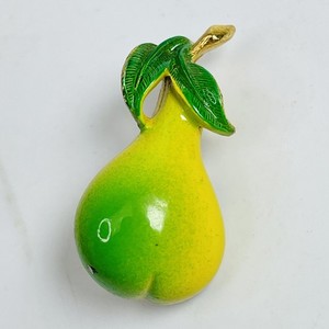 Vintage Enamel Pear Brooch Pin Gold Tone Green Yellow Fruit Jewelry Collectible