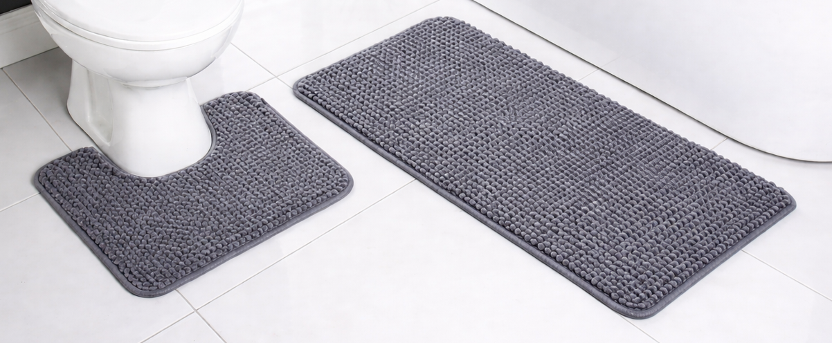 Pedestal & Bathmat Set, Grey toilet and bath 100% cotton slip-resistant chenille