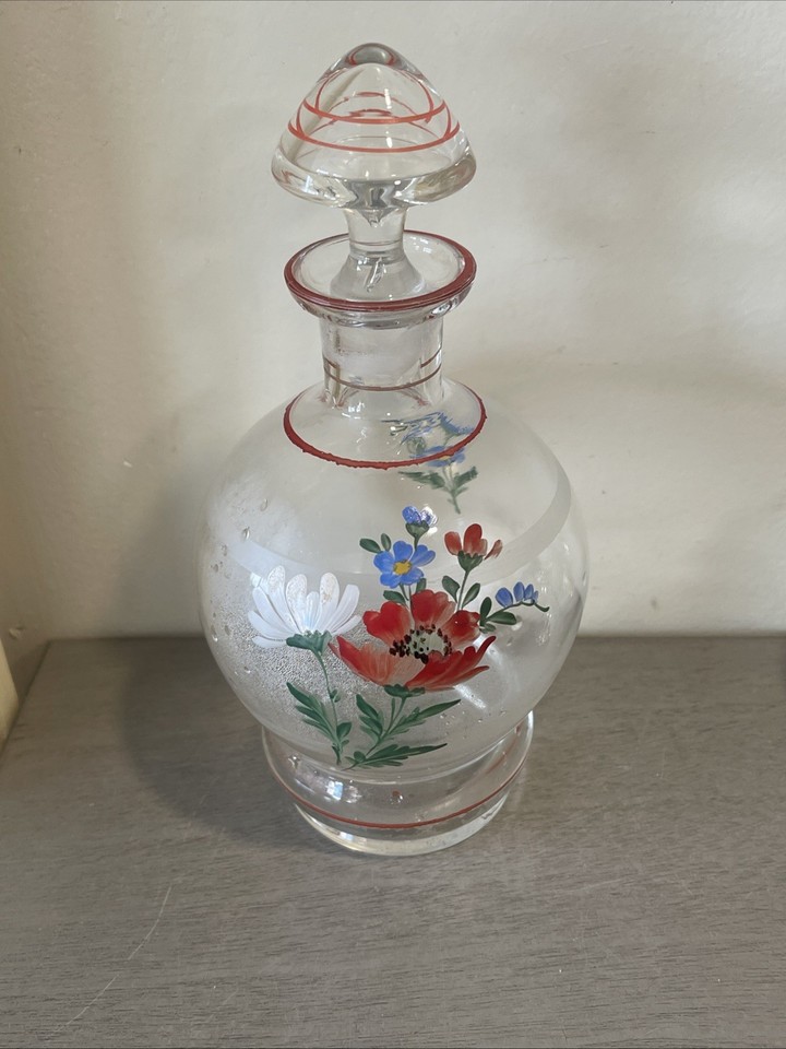 Vintage 1930’s Hand Painted Floral Cordial ART DECO DECANTER Glass