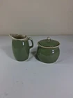 Hull Pottery Avocado Green Drip Glaze Creamer Sugar Bowl w/Lid Set  1960s
