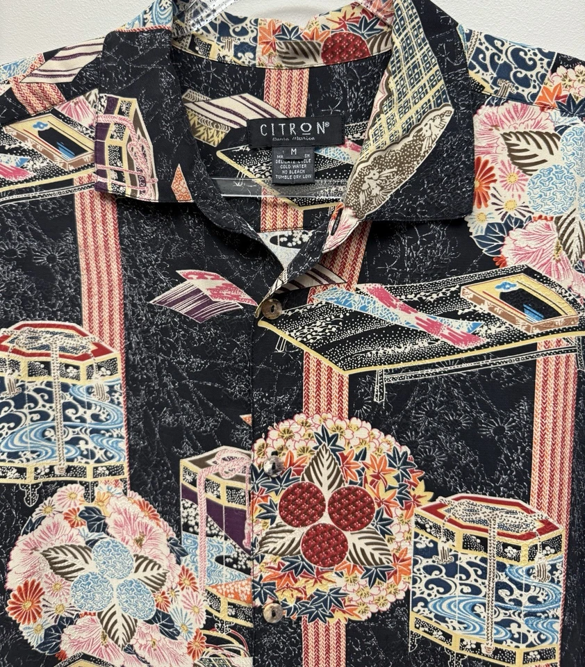 Дизайнерская мужская шелковая черная рубашка с коротким рукавом Citron Santa Monica размер M отличное состояние - Изображение 2 из 4