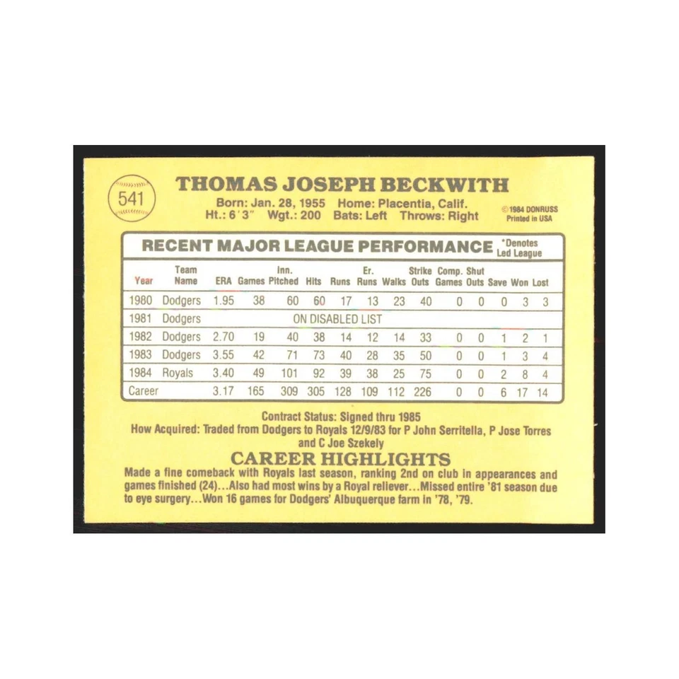 1985 Donruss Joe Beckwith Royals #541 - Image 2 of 3
