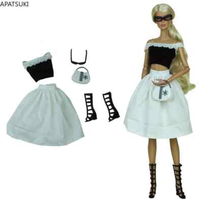 Schwarz Weiß Mode Kleidung Set für Barbie Puppe Outfits Top Rock Stiefel Tasche