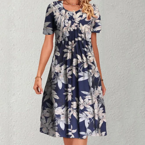 Womens Floral Short Sleeve Midi Dress Ladies Casual Summer Pleated Holiday Dress - Bild 8 von 24