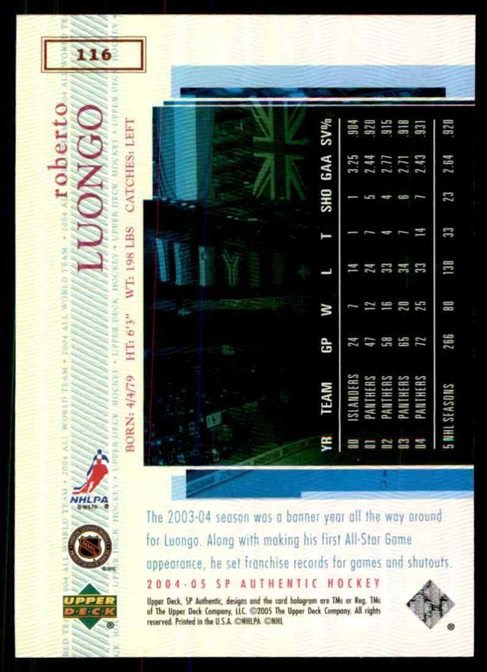 2004-05 SP Authentic Roberto Luongo Florida Panthers #116 - Image 2 of 2