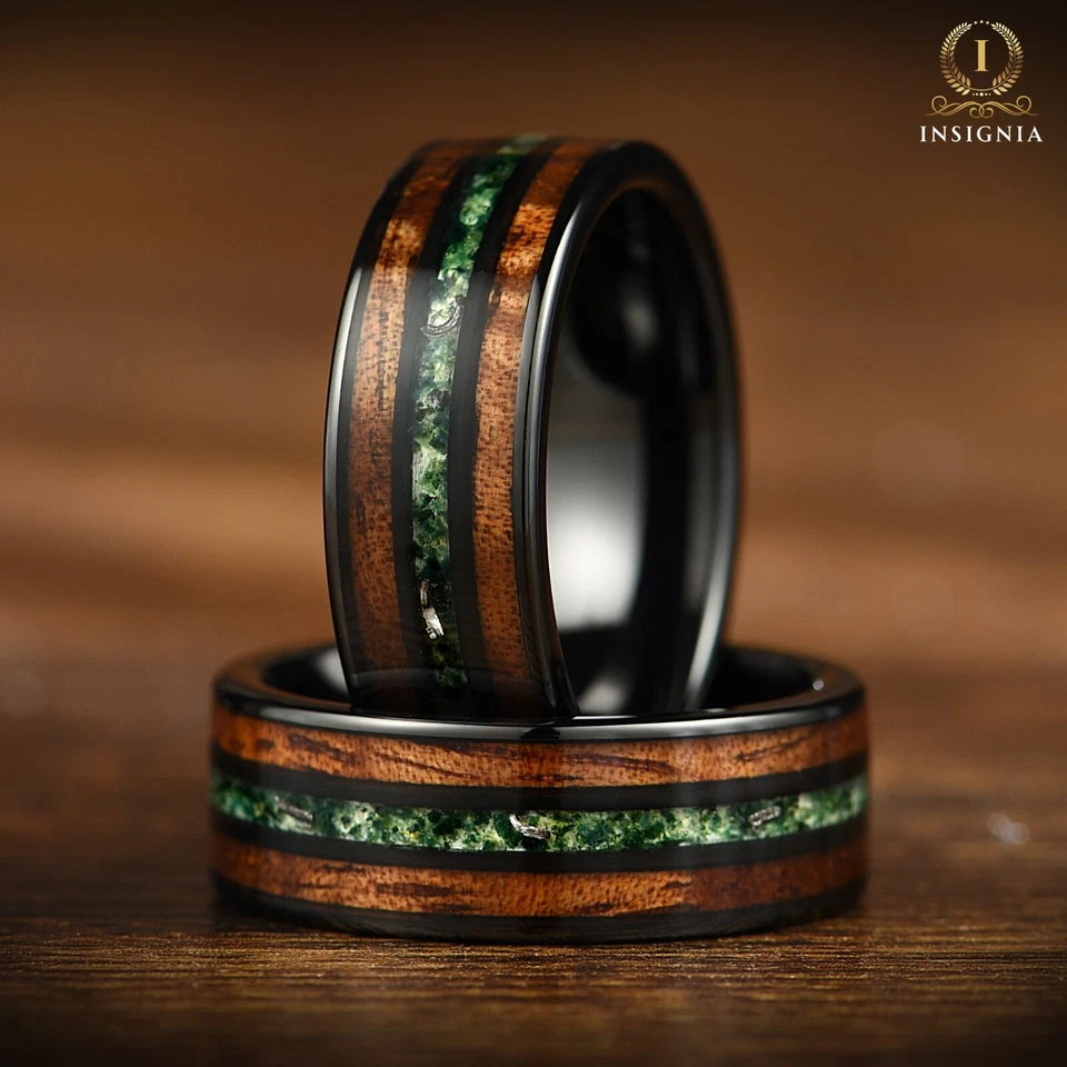 Dark Wedding /Promise Band For Men – Smoked Wood, Moss Agate & Real Meteorite 8m - Image 2 of 4