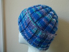 Hand knitted elegant and warm striped beanie/hat, blue/lavender/turquoise