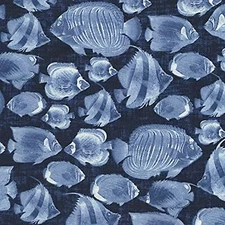 Cultural Novelty Swimming Fish Blue 100% Cotton Fabric by The Yard