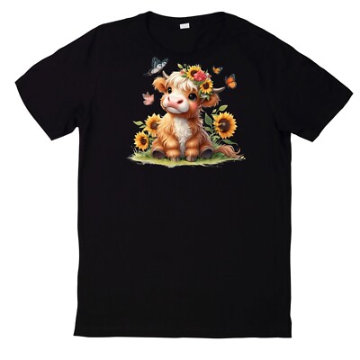 Highland Cow Sunflower Print Cotton T-Shirt