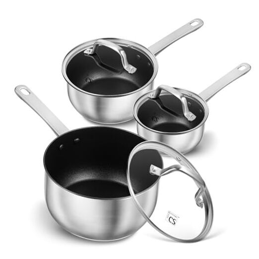 Stainless Steel Saucepan Set, 1QT & 2QT & 3QT Stainless 1QT+2QT+3QT Black