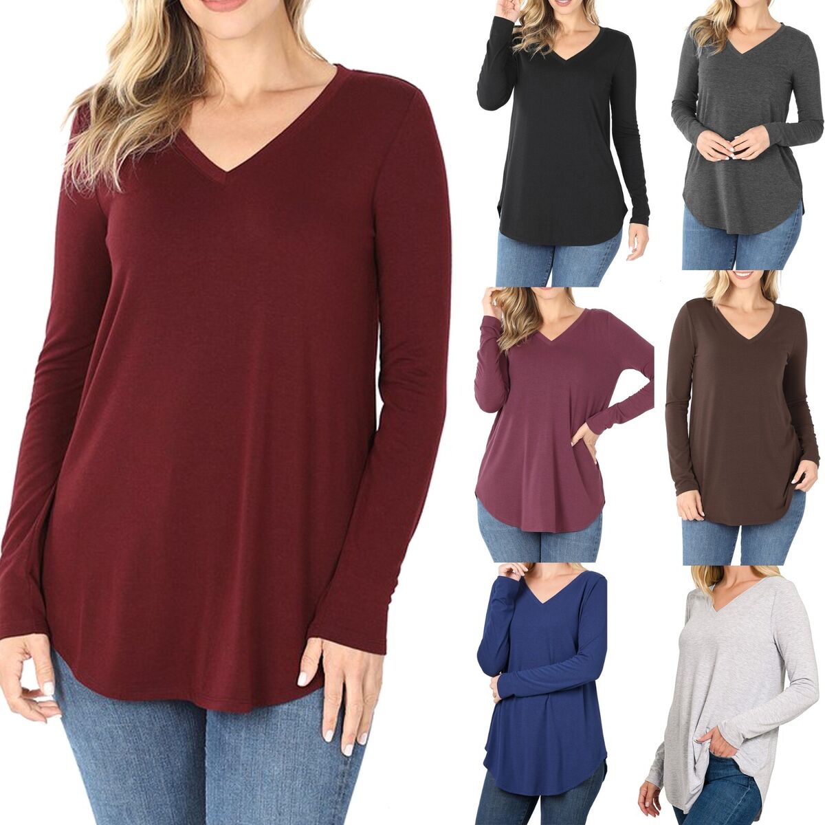 Womens Loose Fit Long Sleeve Tunic V-Neck Drape Flowing Casual T-Shirt  Blouse