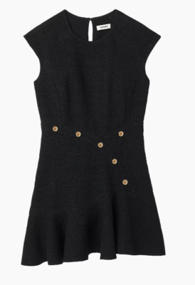 Sandro Black Asymmetric Tweed Ruffle Hem Cap Sleeve Mini Dress sz 40 NWT