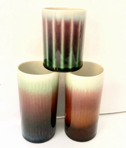 VTG Set 3 Studio ART POTTERY TUMBLERS Drip Glaze Soft Blues, Browns Signed