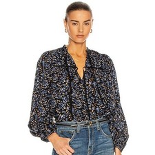 Ulla Johnson Jeanne Blouse Midnight Navy Blue Floral Long Sleeve Peasant Size 2