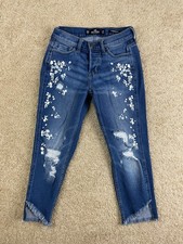 Hollister Boyfriend Jeans Women 23X23 Denim Distressed Button Fly Low Rise Blue