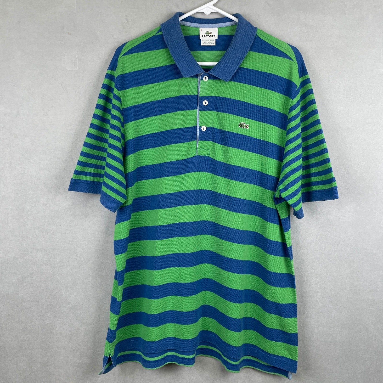 VTG Lacoste Men 7/XXL Green Blue Stripe Cotton Pique S/S Preppy Polo Shirt 5191L