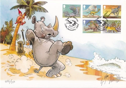 GB Ltd Ed #586/950 Painting FDC: Just So Stories - 'Itchy Rhino' by G Thompson