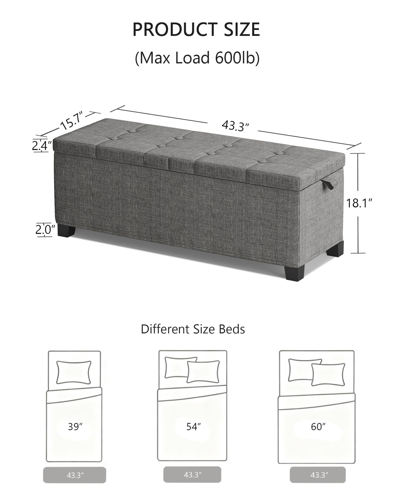 Metal Storage Ottoman Footstool Bench End of Bed Linen Grey 15.7x43x15.7