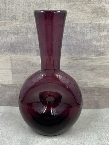 Vintage Blenko Amethyst Pinched Center Donut Vase Blown Art Glass 8” Tall