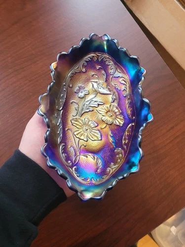 Very Pretty Blue  Northwood Carnival Glass Poppy Pattern Pickle Dish