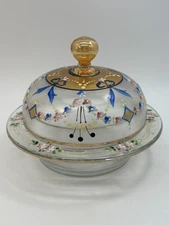 Vintage Bohemian Czech Lidded Butter Cheese Dish Hand Painted