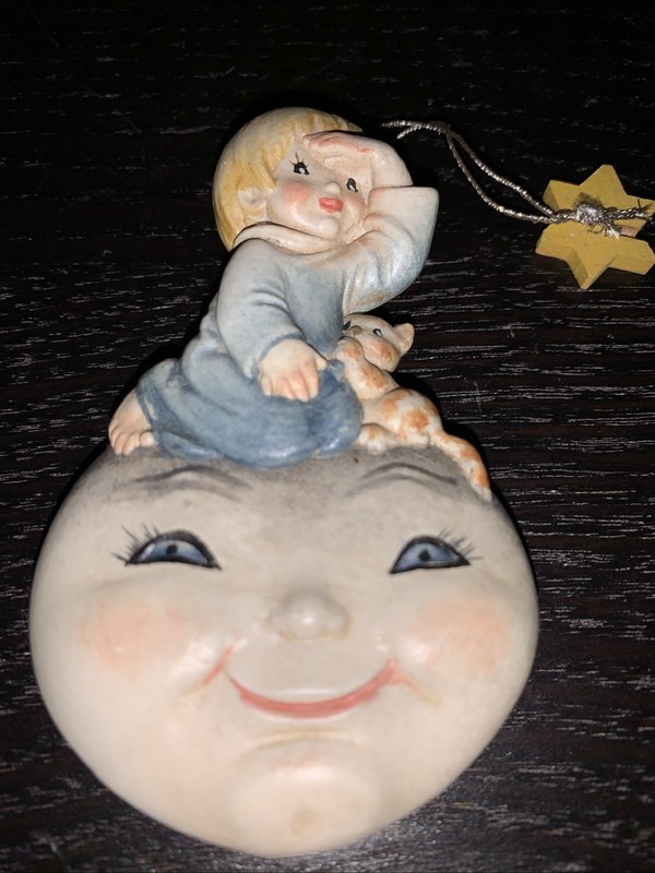 Anri Wood Carving Ferrandiz HP Ornament “Lookout Boy” on Moon w Kitten