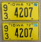 1972 Original Pair Iowa License Plates, #93-4207, Corydon, Wayne County IA — photo 1