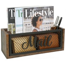 Mail Organizer Countertop, Rustic Farmhouse 2-Slot Wood Iron Mail Holder, R...