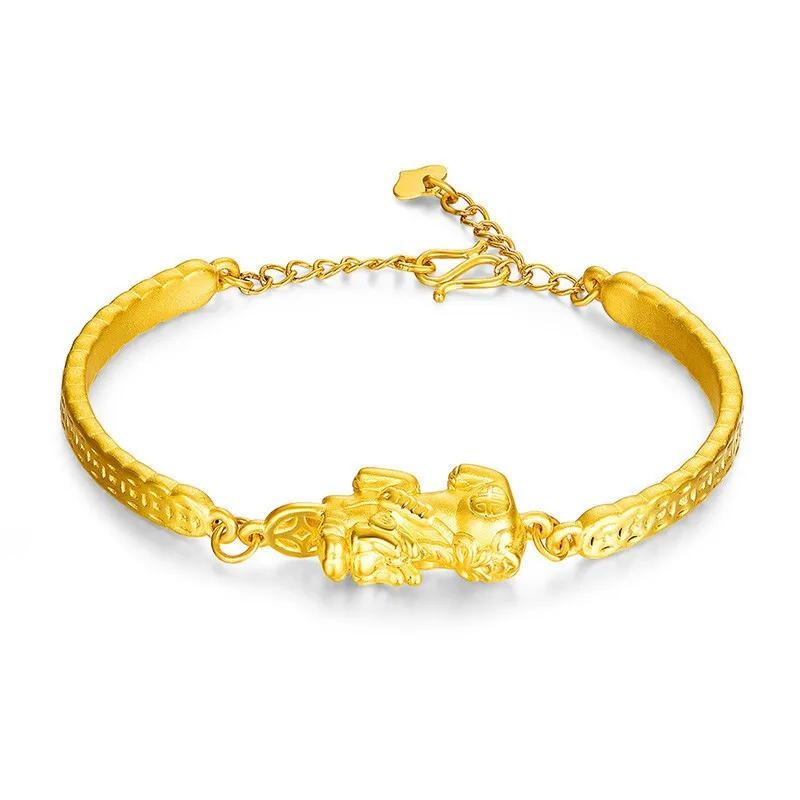 Pure 999 24K Yellow Gold Bangle Pixiu Money Coin Link