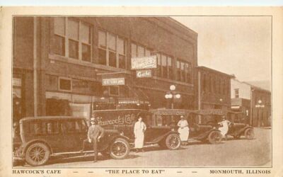 Postcard Hawcock's Cafe & Delivery Vehicles, Monmouth, Illinois - used in 1928