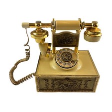 Vintage 1970  s French Style Rotary Dial Telephone Decorative Brass Inlay