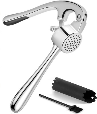 Kitessensu Heavy Duty Garlic Press Set Gloss Silver with Silicone Peeler & Brush