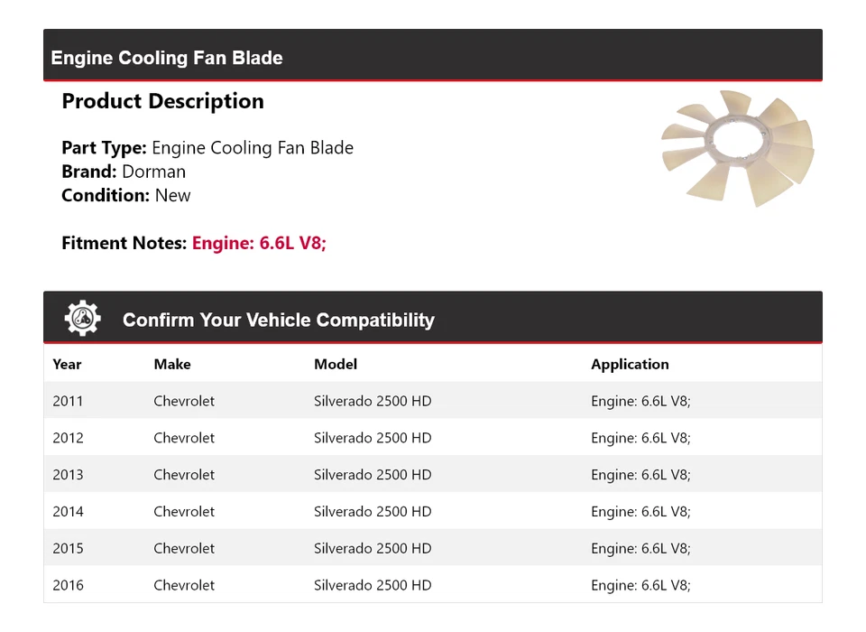 Hoja del ventilador de refrigeración del motor Dorman 2012 para Chevrolet Silverado 2500 HD 2011-2016 Foto 2 de 4