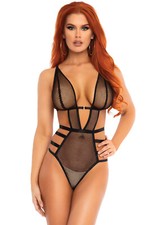 Leg Avenue Fishnet Cut Out Strappy G-String Teddy, Black, Medium