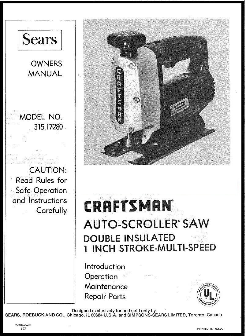Operator Instruction Manual Fits 315.17280 Craftsman Auto Scroller Saw