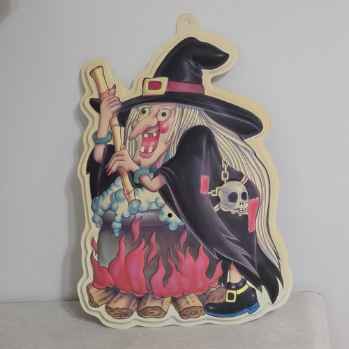 Vintage Halloween Screaming Witch Door Plaque Eyes Flash Green & Witch