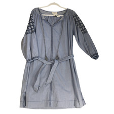 Loft Lounge Chambray Dress Womens S Blue Embroidered Belted Cotton Peasant Boho