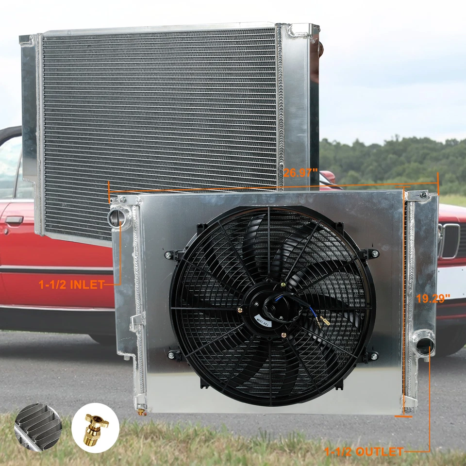 For 1992-1999 BMW E36 323i 325i 328i MT 2 Row Aluminum Radiator+Fan Shroud Kit - Image 3 of 4