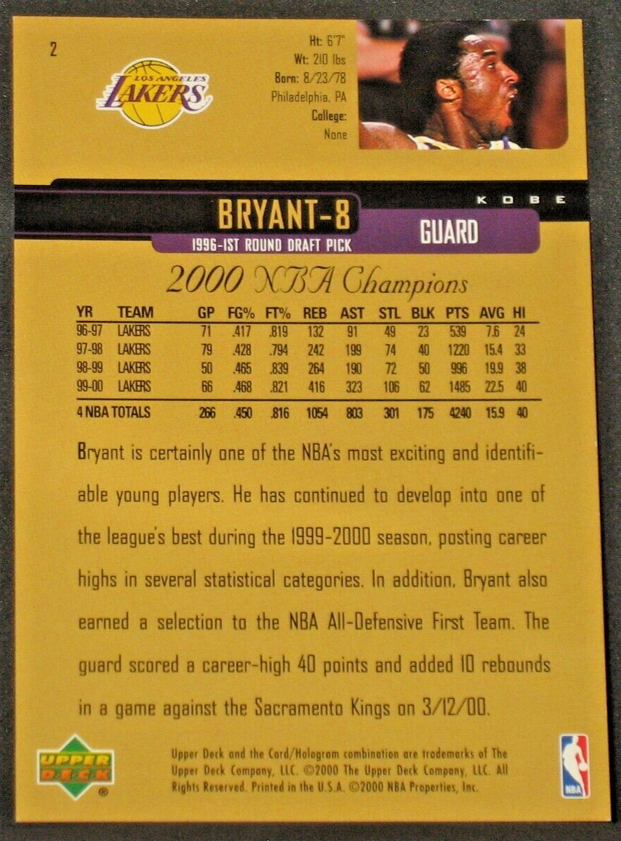 KOBE BRYANT 2000 Upper Deck Lakers Championship Jumbo 3.5x5