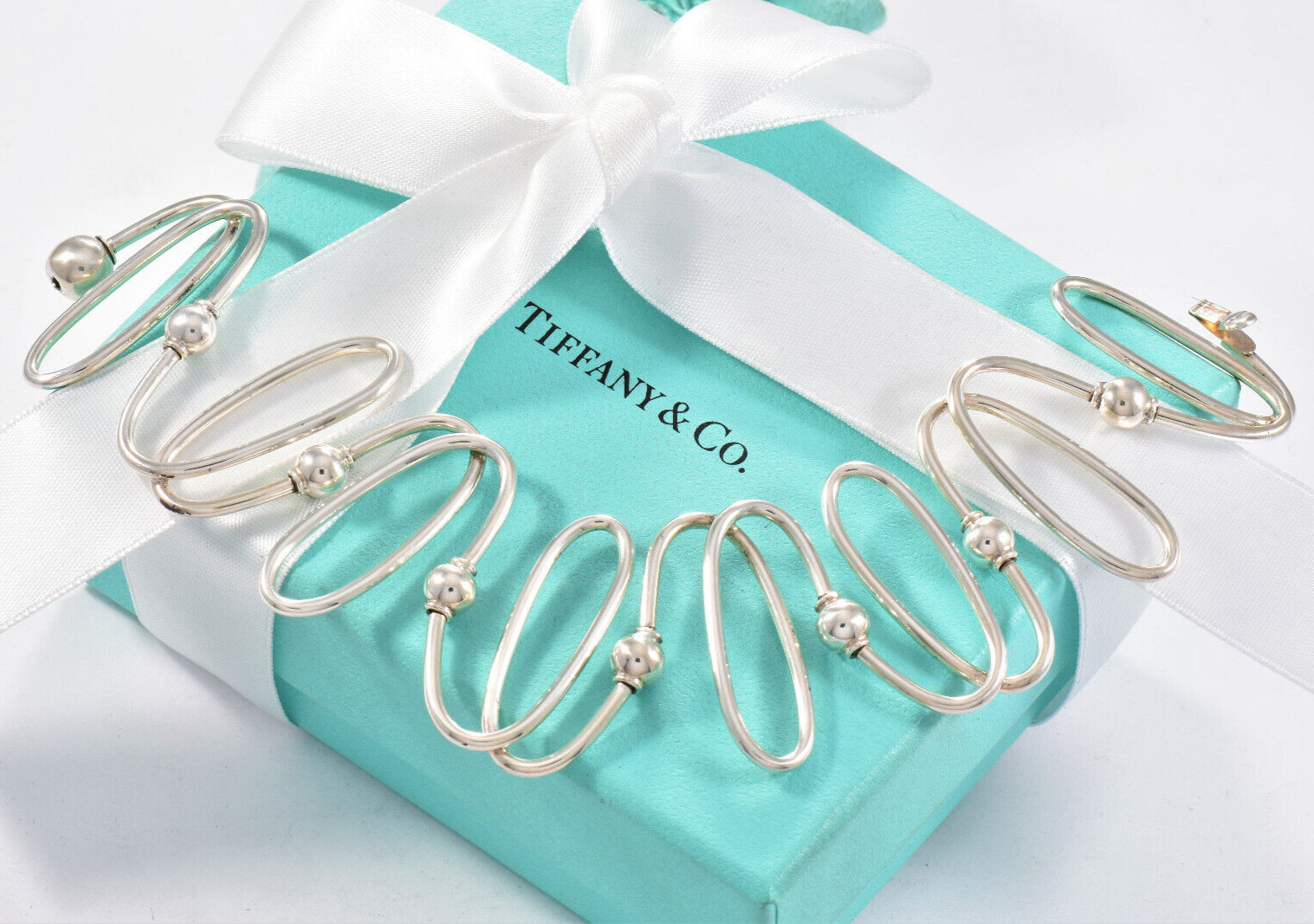 Tiffany Co Silver Oval Loop Bead Bracelet 8