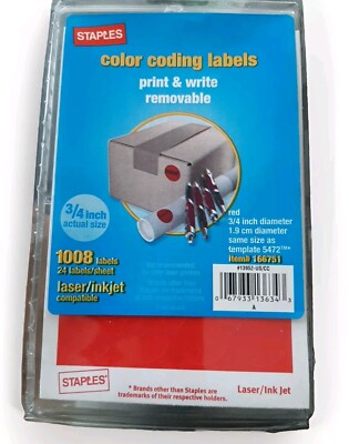 Staples Color Coding Circular Print & Write Removable Red 3/4'' 1008 Labels
