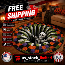 3D Skeleton Halloween Rug, Round Spooky Area Rug, Optical Illusion Floor Mat