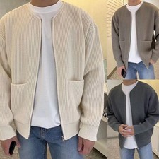Men Zip Up Knitted Cardigan Lined Funnel Neck Jumper Sweater Pockets Coat All Se
